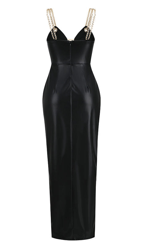 BLACK FAUX LEATHER CHAIN - STRAP MAXI DRESS