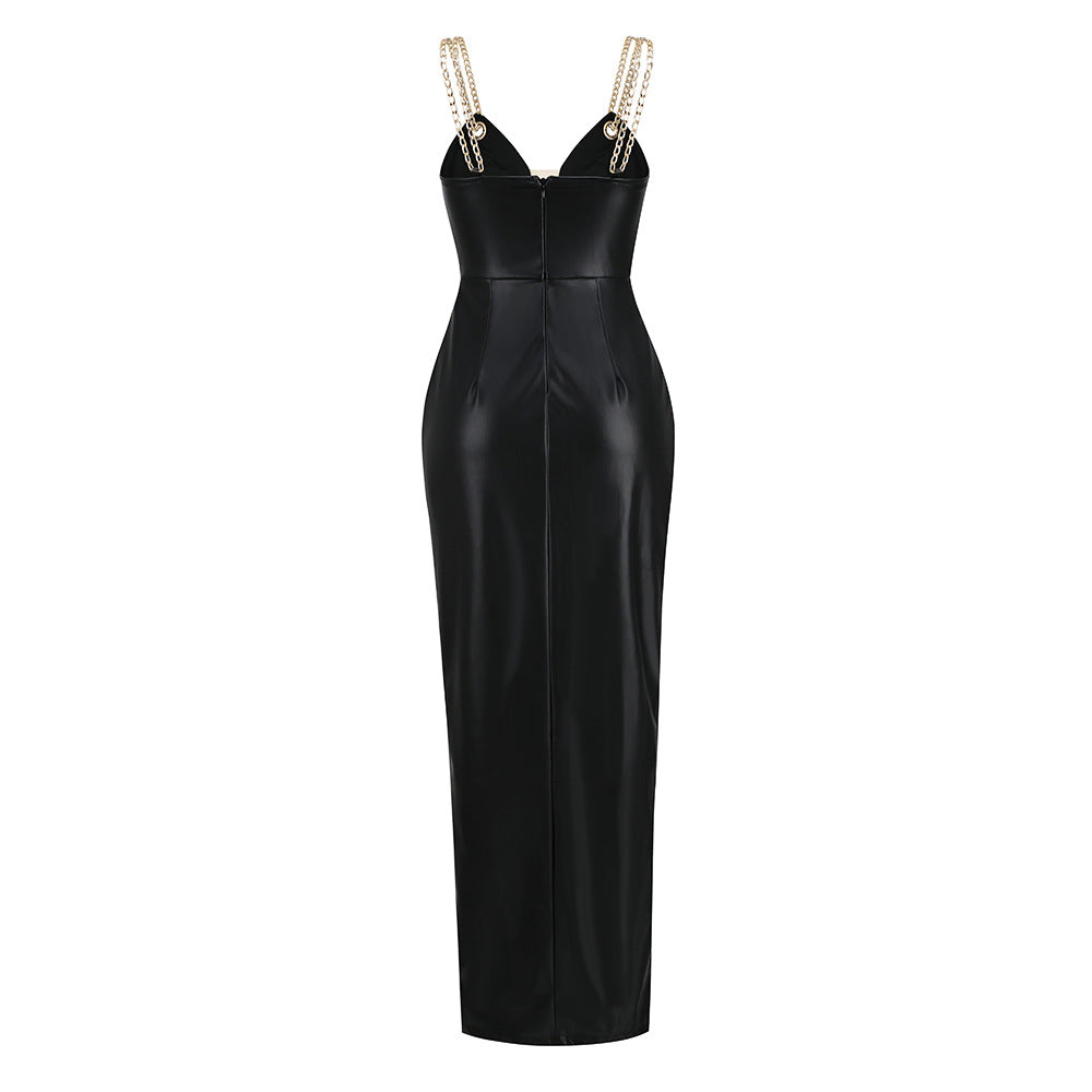 AIIZIE BLACK FAUX LEATHER CHAIN - STRAP MAXI DRESS - product image