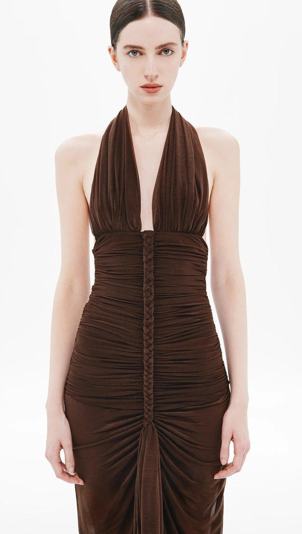 nancy v-neck pleated braided bodycon maxi dress - brown