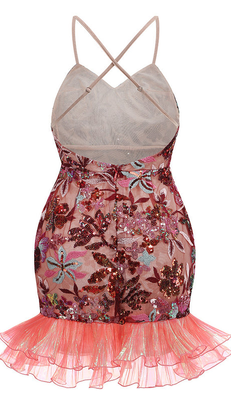 RED FLORAL EMBROIDERY STRAP MESH-PANELLED MINI DRESS