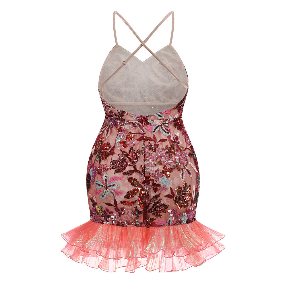 AIIZIE RED FLORAL EMBROIDERY STRAP MESH-PANELLED MINI DRESS - product image