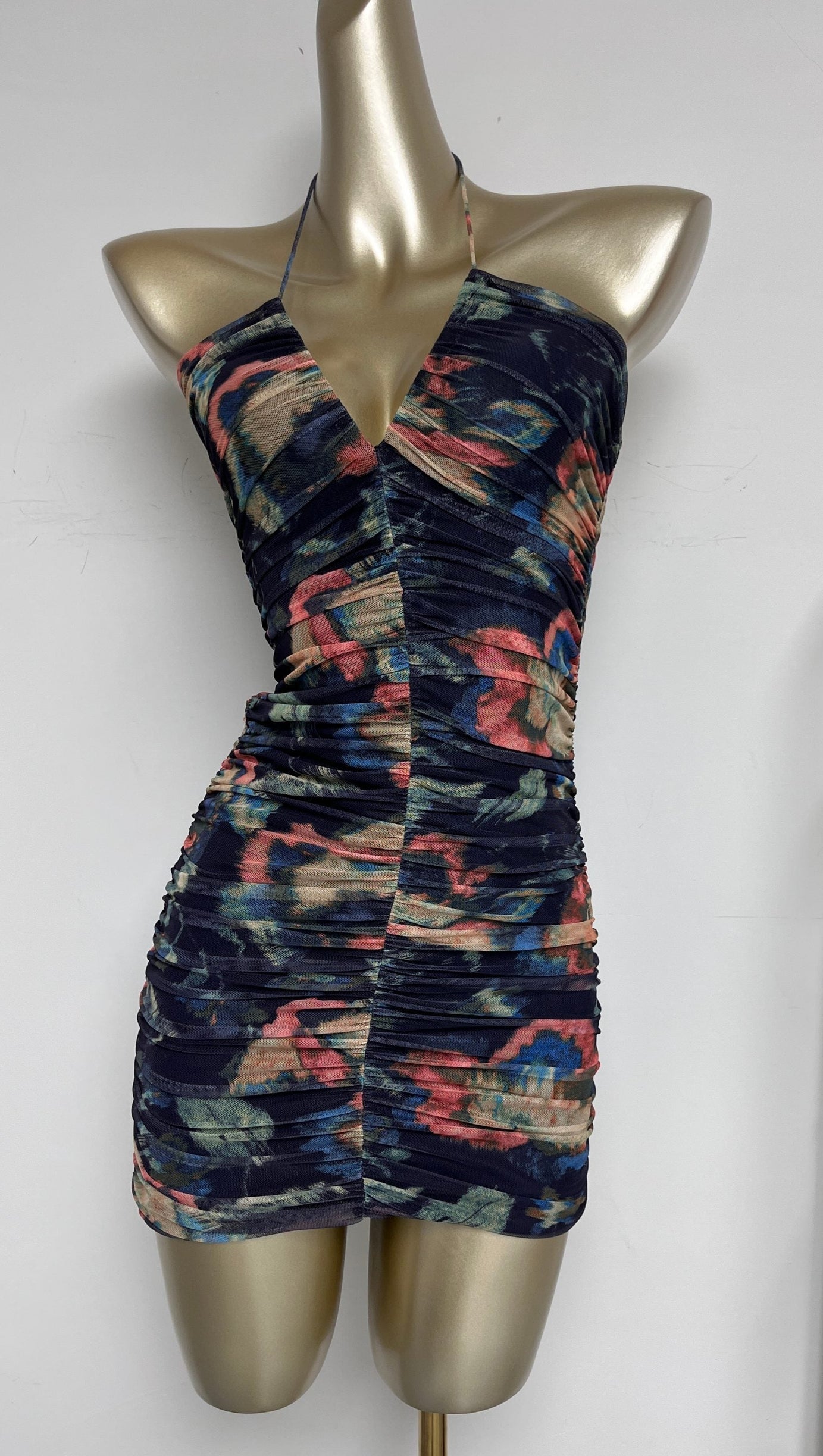 MULTICOLOR FLORAL PRINT PLEATED BODYCON MINI DRESS