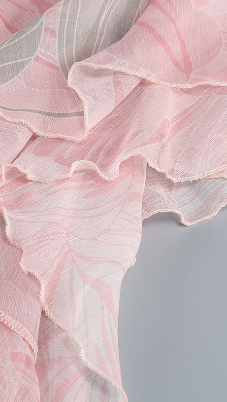 ARES FLORAL-PRINT RUFFLED SILK MIDI DRESS IN PINK