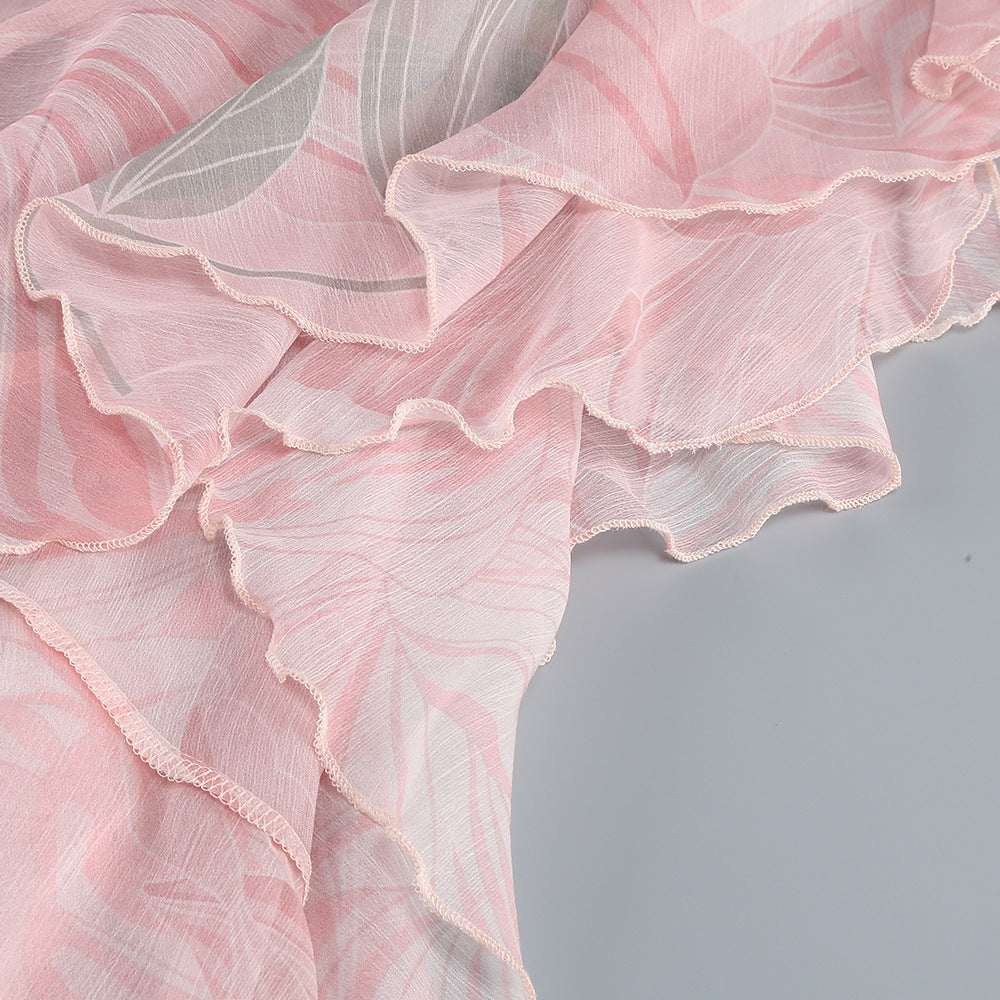 Ares – Gerüschtes Midikleid aus Seide mit Blumenmuster in Rosa