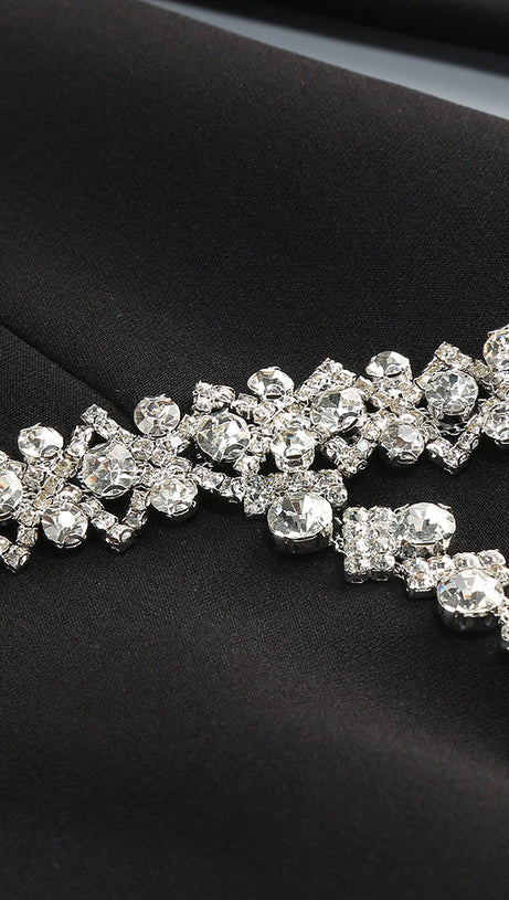 DIAMOND CHAIN EMBELLISHED TRUMPET SLEEVE MINI DRESS IN BLACK