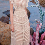 A-line sleeveless lace temperament embroidered court midi dress
