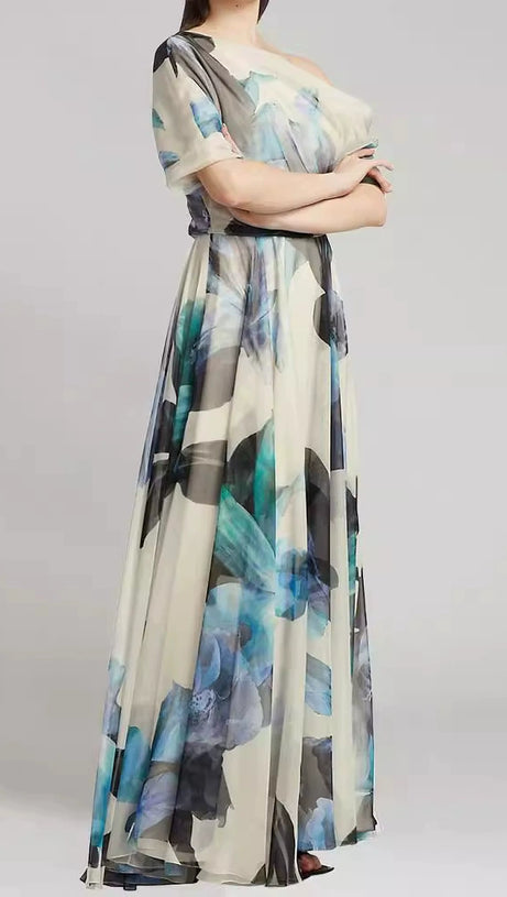 SANDRA MULTICOLOR ONE SHOULDER IRREGULAR CHIFFON MAXI DRESS