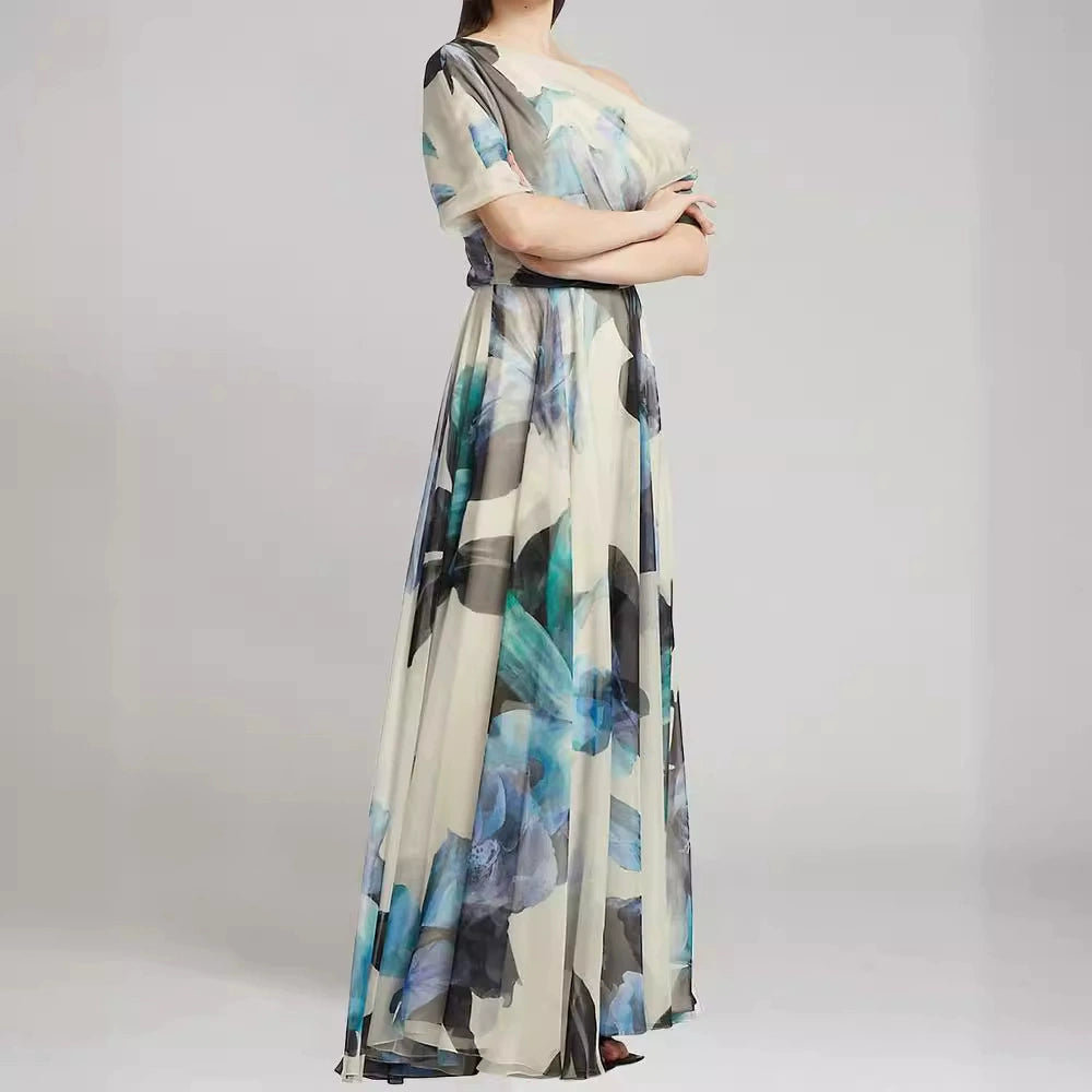 SANDRA MULTICOLOR ONE SHOULDER IRREGULAR CHIFFON MAXI DRESS