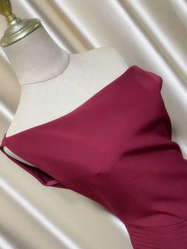 RED RUCHED DRAPED ASYMMETRIC MAXI DRESS