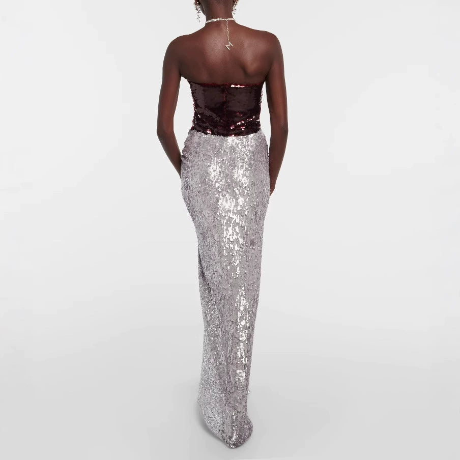 AIIZIE ELVIRA FLORAL-APPLIQUÉ SEQUINED MAXI SKIRT IN SLIVER - product image