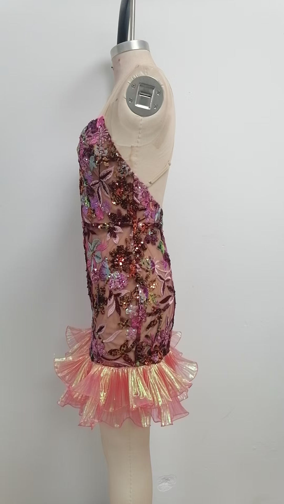 RED FLORAL EMBROIDERY STRAP MESH-PANELLED MINI DRESS