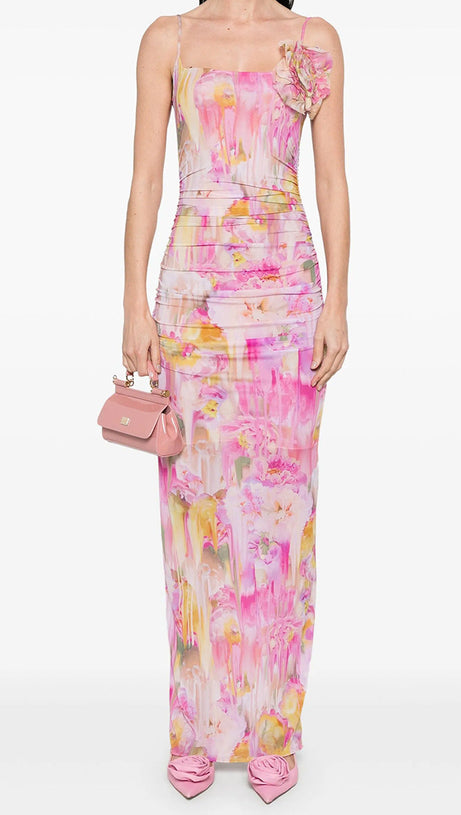 ABITO LUNGO MOLLY CON STAMPA FLOREALE APPLICATA IN ROSA