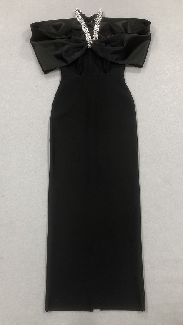 AIIZIE BLACK HEAVY DIAMOND HALTER MAXI DRESS - product image
