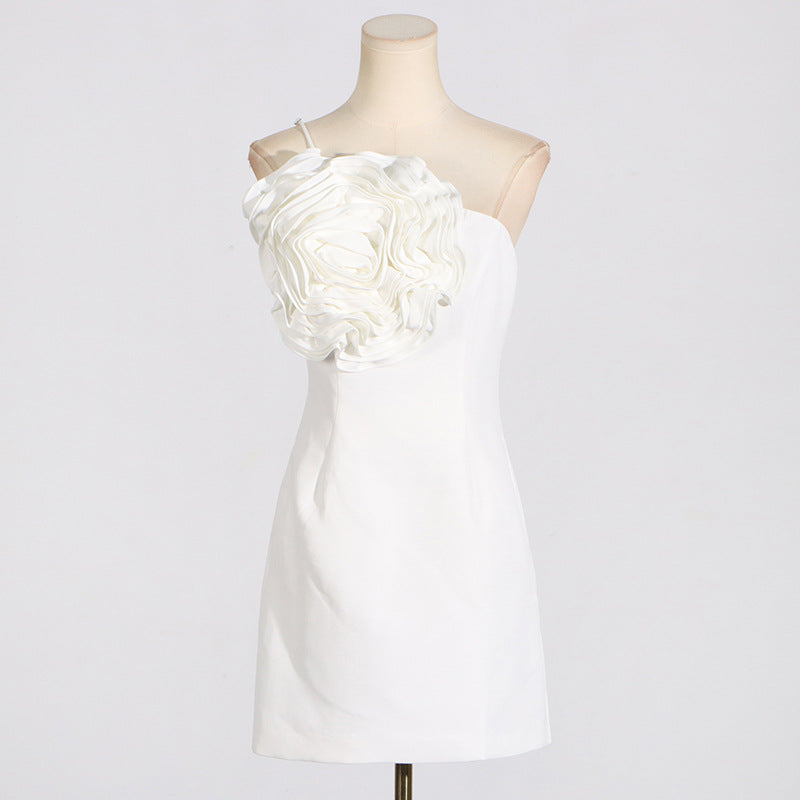 AMITY ONE-SHOULDER FLORAL-APPLIQUÉ MINI DRESS IN WHITE