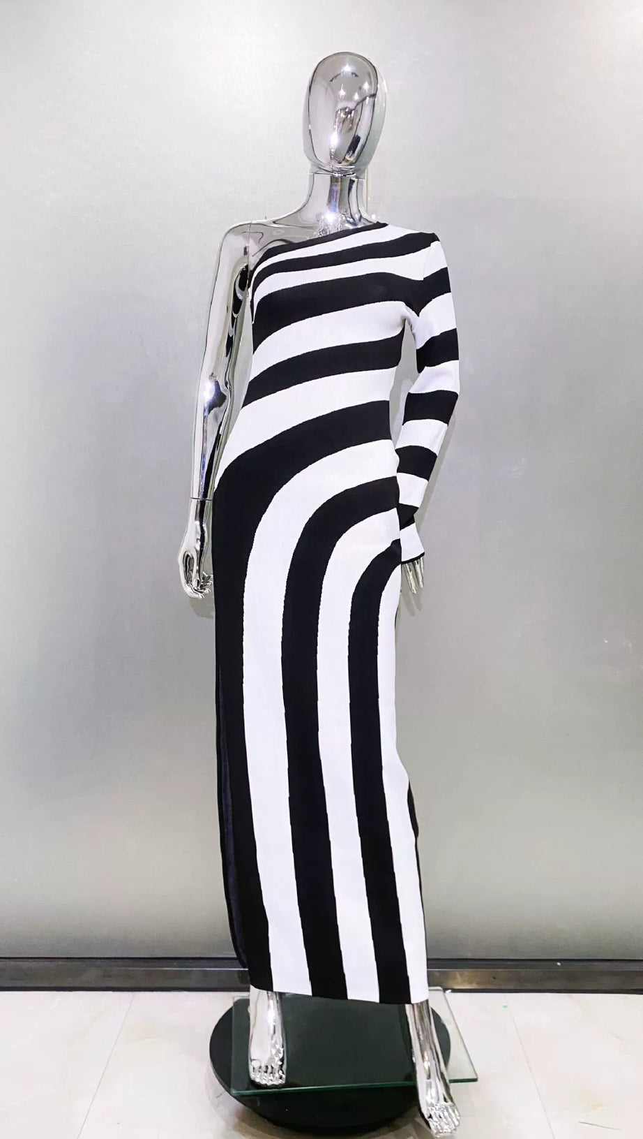 XAVIERA ASYMMETRICAL STRIPED KNIT MAXI DRESS