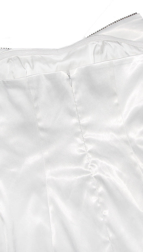 SATIN CRYSTAL EMBELLISHED BOW DRESS IN WHITE
