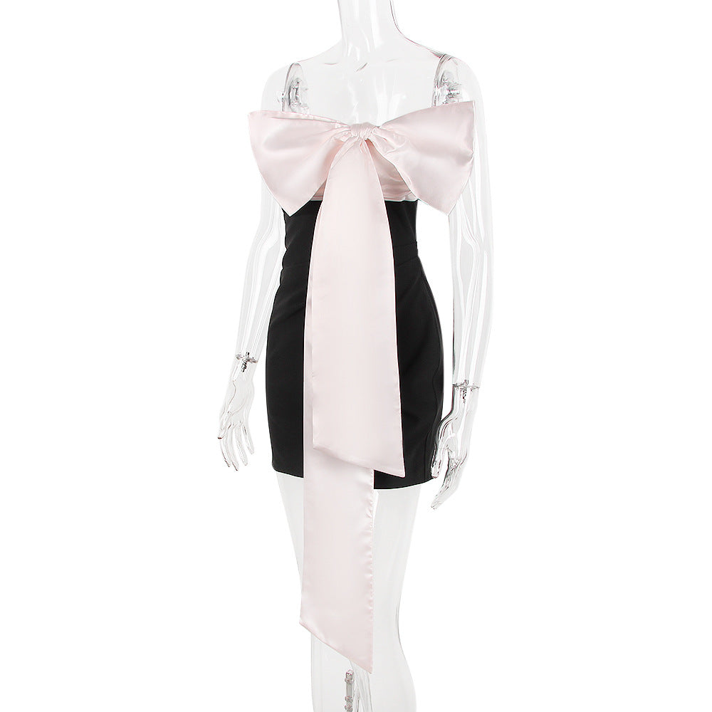 AIIZIE IVORY BOW MINI DRESS IN BLACK - product image