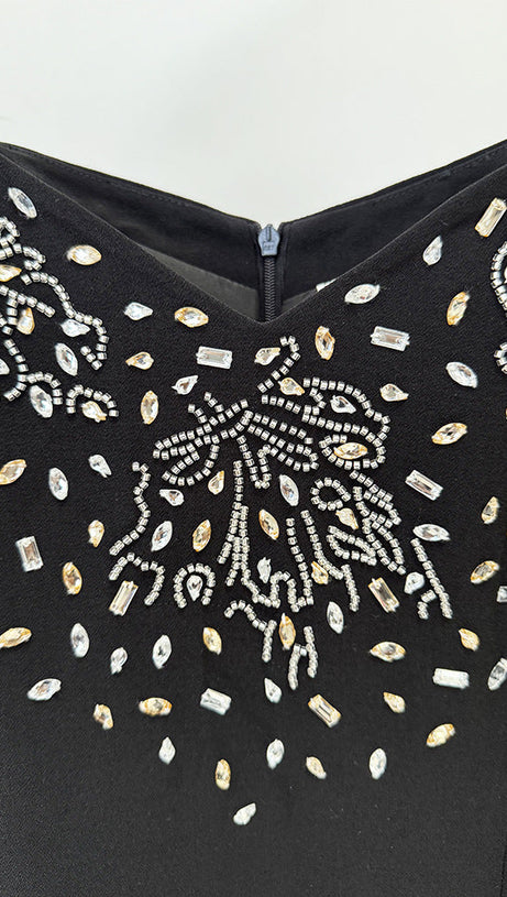 CRYSTAL EMBELLISHED OFF-SHOULDER GOWN IN BLACK