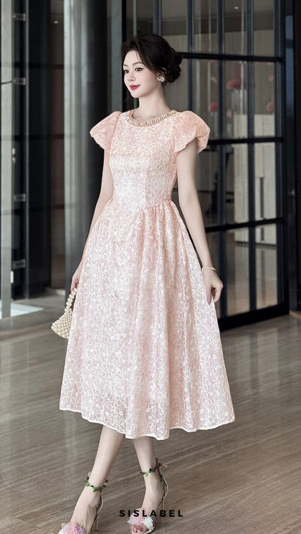 pearl neck Puff sleeve flared lace midi dress - pink
