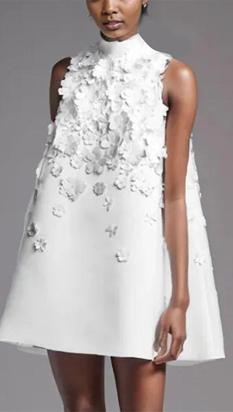 LYDIA FLOWER APPLIQUE MOCK NECK BOW TRIM MINI DRESS