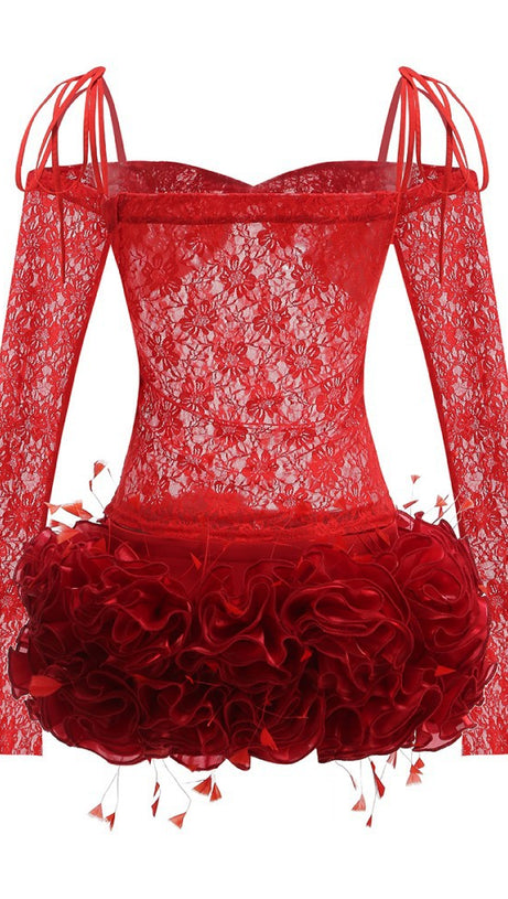 Helen – Zweiteiliges Set mit Spitzen-Blumenapplikation in Rot