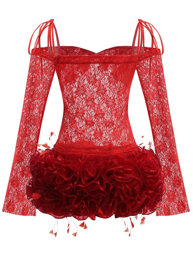 AIIZIE HELEN LACE FLORAL APPLIQUÉ TWO PIECE SET IN RED - product image