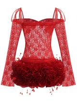 helen Lace Floral Appliqué Two Piece Set in Red