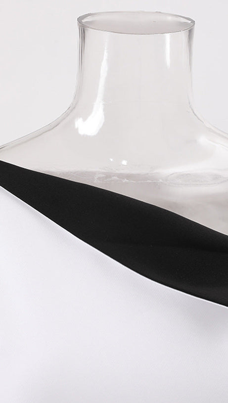 REGINA WHITE ASYMMETRIC NECK POLYCOTTON SHEATH MIDI DRESS