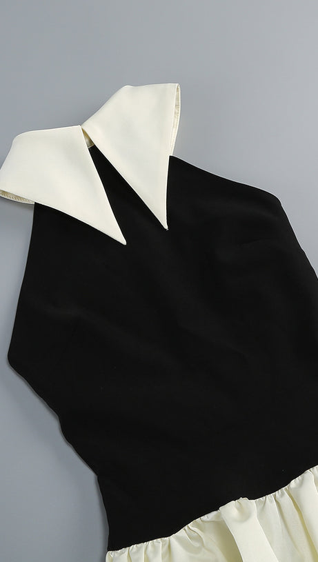 BLACK AND WHITE HALTER NECK COLLARED MAXI DRESS