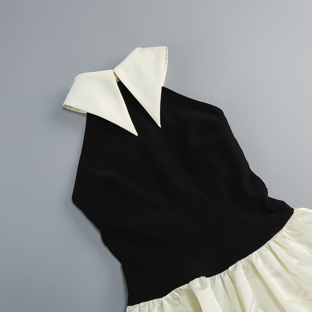 AIIZIE BLACK AND WHITE HALTER NECK COLLARED MAXI DRESS - product image
