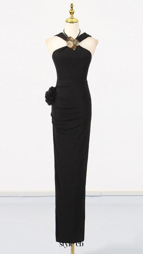 ABITO MIDI CON CAPPUCCIO E FIORI 3D IN METALLO TAMMY NERO