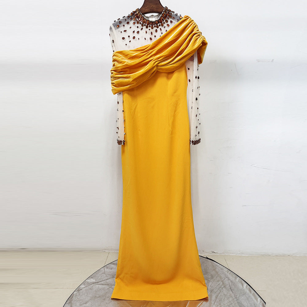 Mesh-paneled beaded rhinestone-embellished maxi dress - yellow