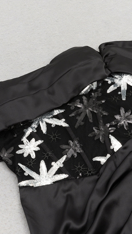 OFF - SHOULDER EMBROIDERED CORSET - WAIST SLIT GOWN IN BLACK