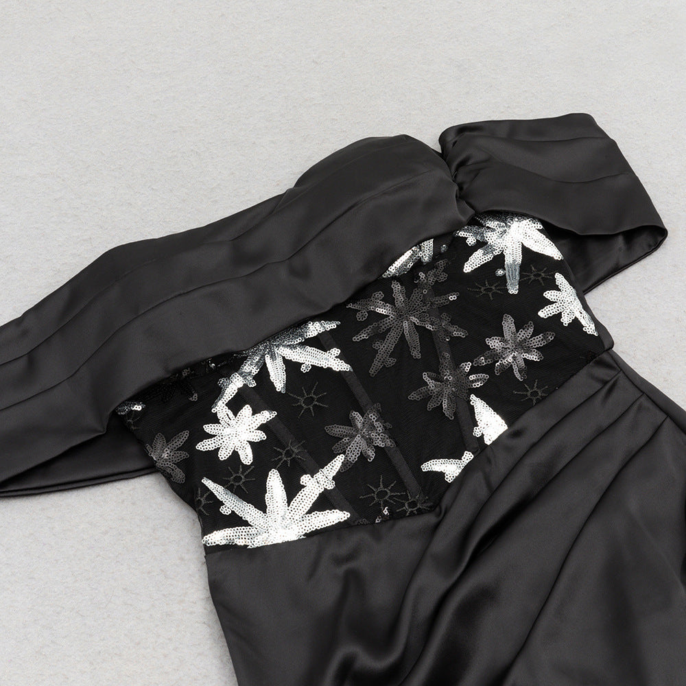 AIIZIE OFF - SHOULDER EMBROIDERED CORSET - WAIST SLIT GOWN IN BLACK - product image