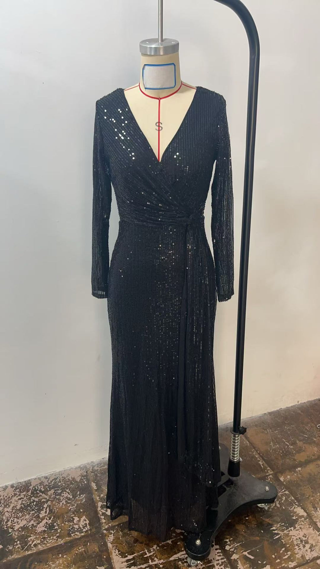 BLACK SEQUINNED LONG - SLEEVED V - NECK MAXI DRESS