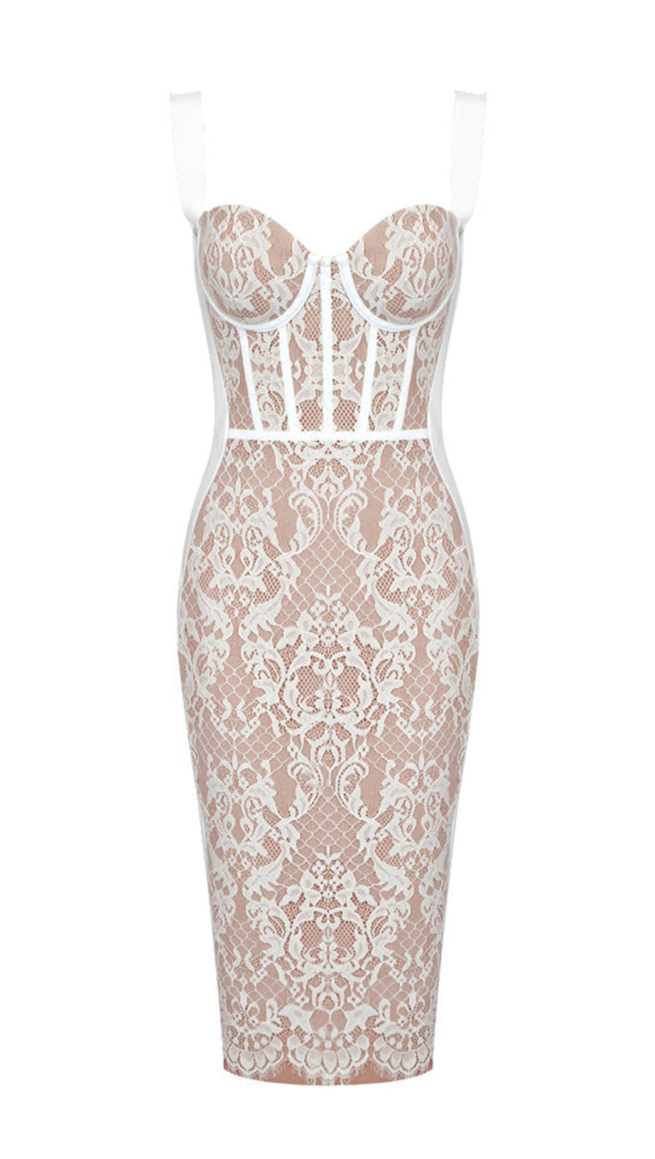 LACE INSERT BUSTIER MIDI DRESS WHITE