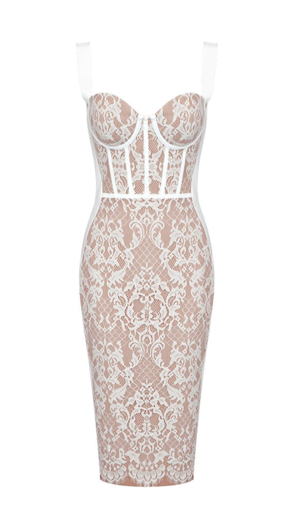 LACE INSERT BUSTIER MIDI DRESS WHITE