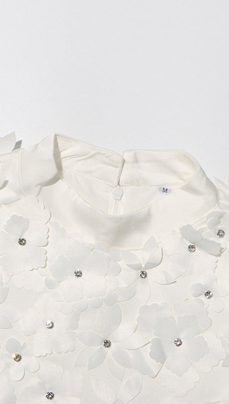 LYDIA FLOWER APPLIQUE MOCK NECK BOW TRIM MINI DRESS