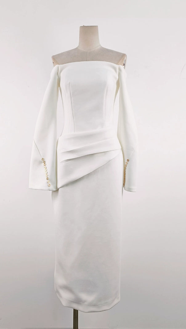 AIIZIE DOROTHY WHITE SHEATH OFF-SHOULDER RUCHED MIDI DRESS - product image