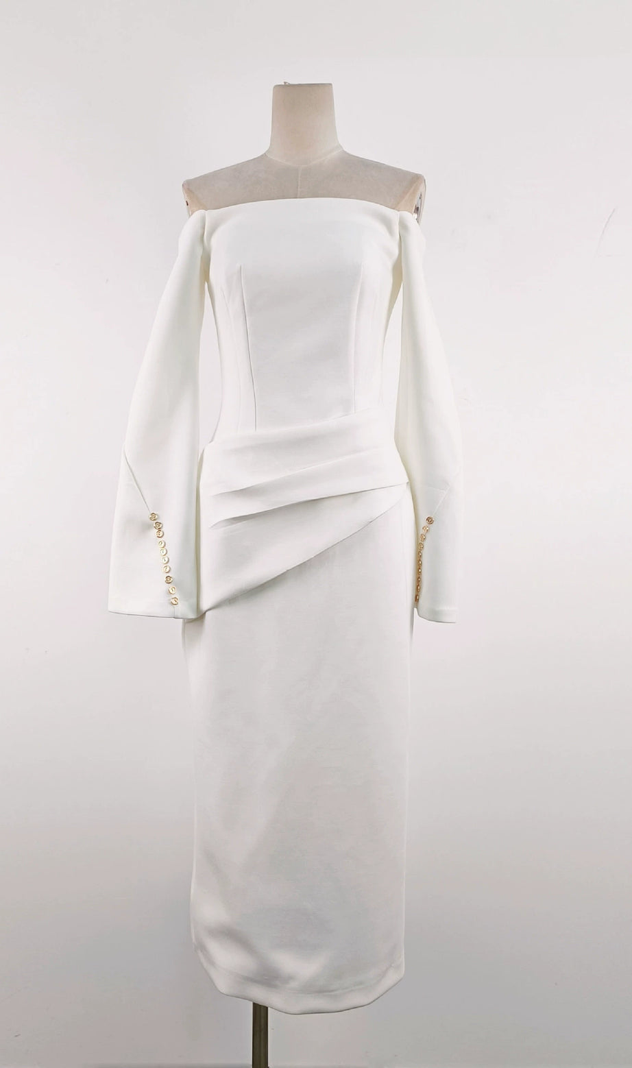 DOROTHY WHITE SHEATH OFF-SHOULDER RUCHED MIDI DRESS