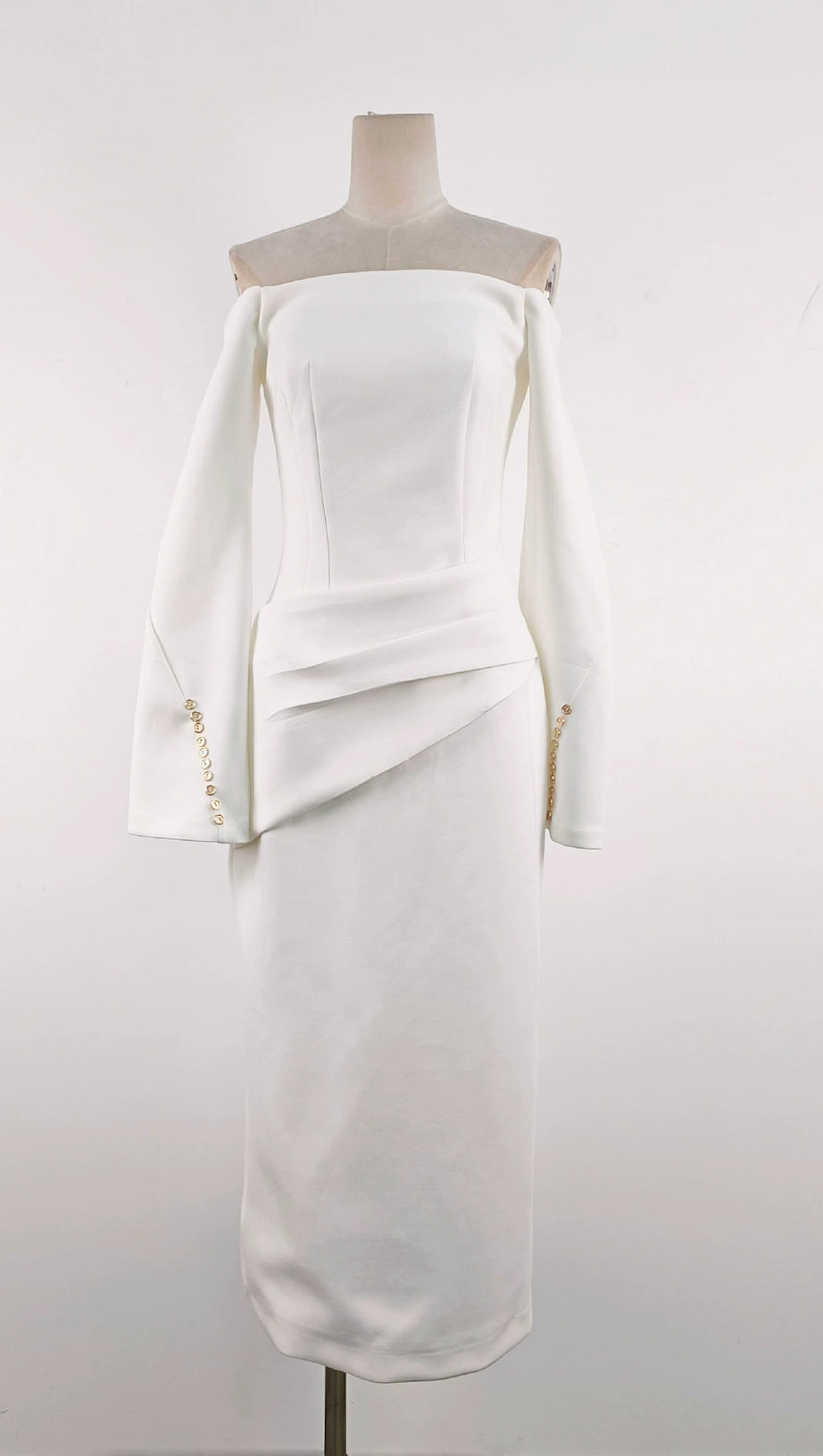 DOROTHY WHITE SHEATH OFF-SHOULDER RUCHED MIDI DRESS