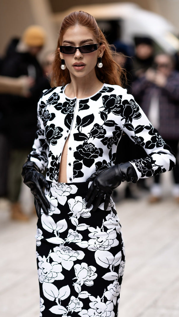SET GONNA CARDIGAN MIDI A MATITA IN MAGLIA JACQUARD FLOREALE