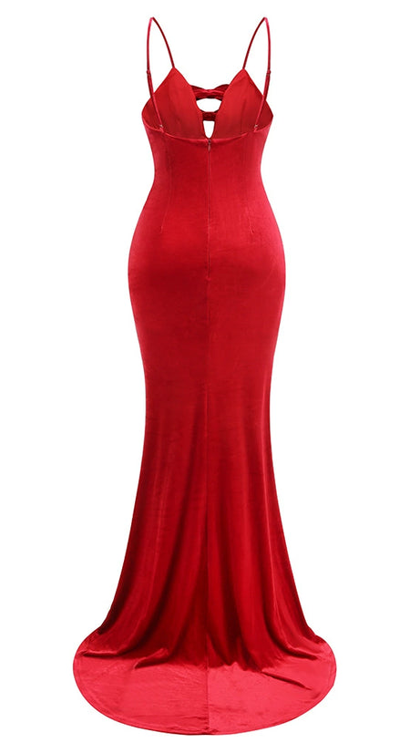 HILDA BOW-EMBELLISHED VELVET GOWN IN RED