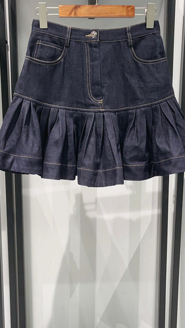 AIIZIE RUFFLED MINI DENIM SKIRT IN DEEP BLUE - product image