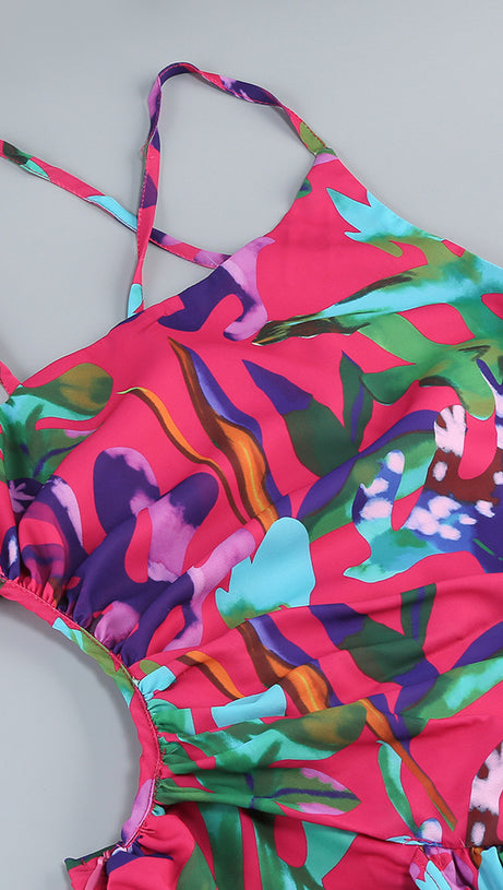 Lila bedrucktes Midikleid mit offenem Rückenschlitz und ausgehöhlter Vorderseite