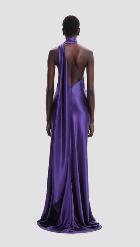SATIN WRAP HALTER GOWN WITH FLOWER IN PURPLE