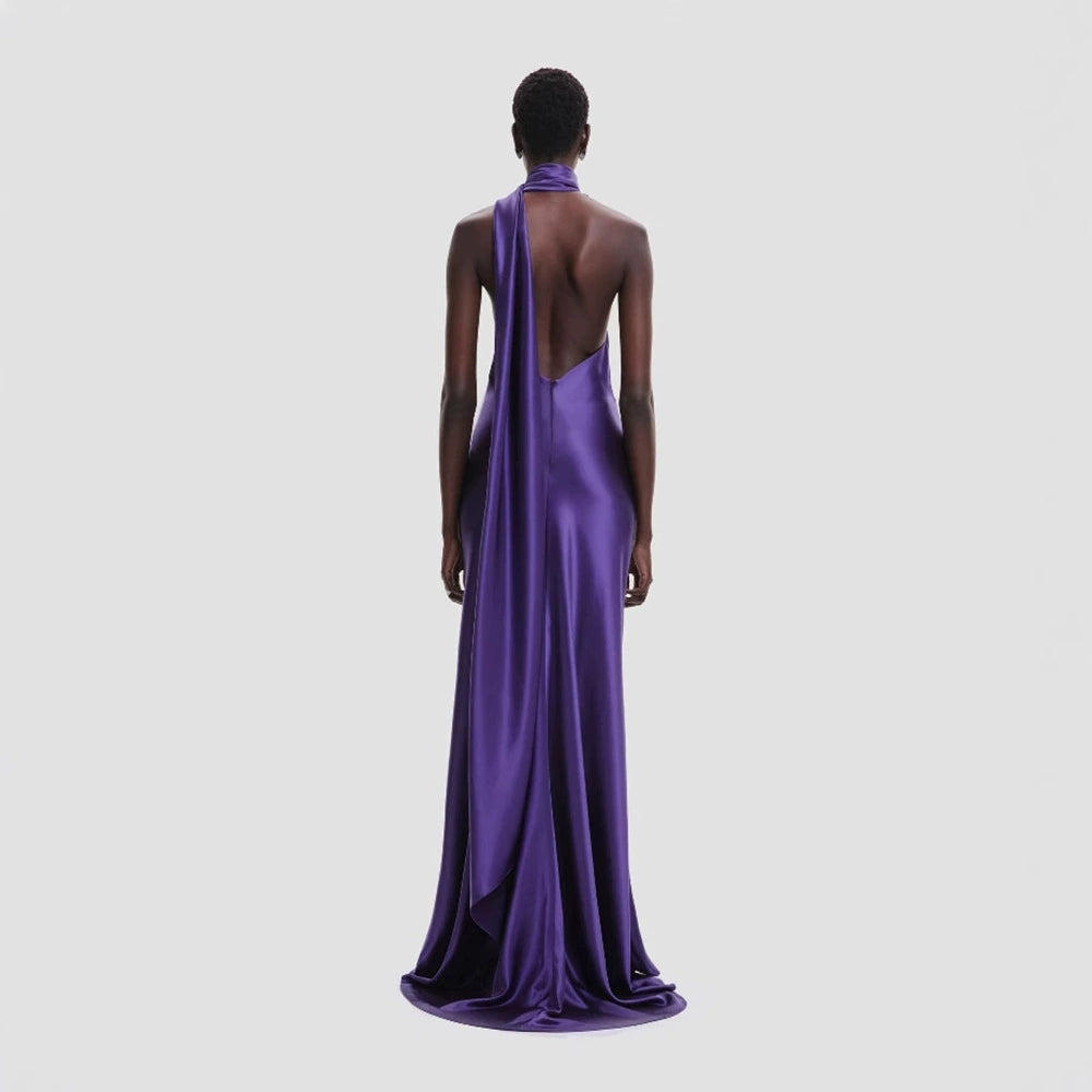 AIIZIE SATIN WRAP HALTER GOWN WITH FLOWER IN PURPLE - product image
