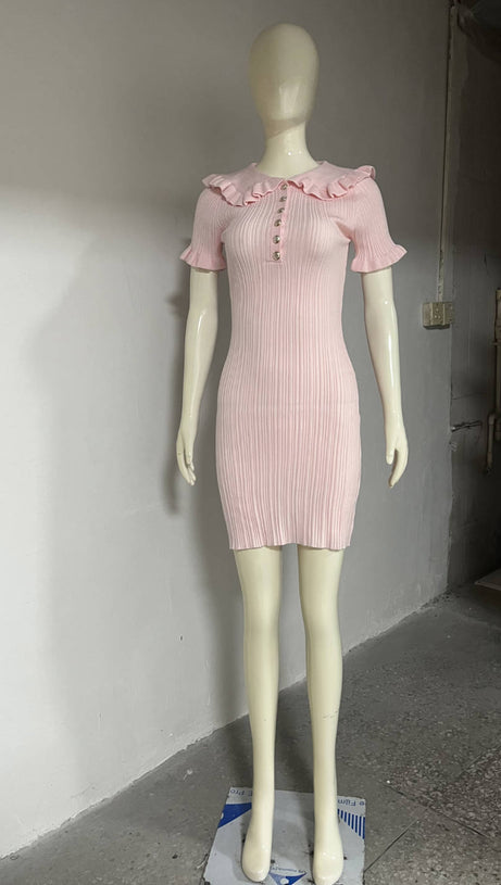 PINK RUFFLED KNITTED MINI DRESS