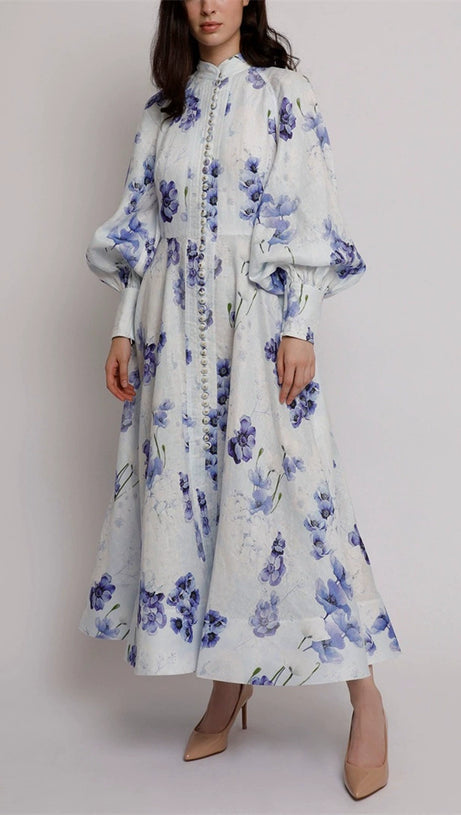 LANTERN SLEEVE FLORAL PRINT MAXI DRESS IN BLUE