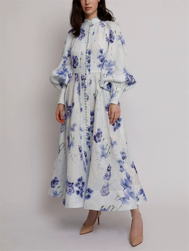 AIIZIE LANTERN SLEEVE FLORAL PRINT MAXI DRESS IN BLUE - product image